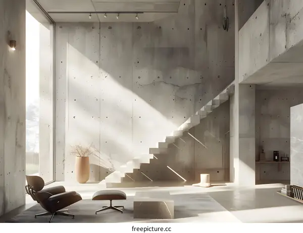 Modern Concrete House Interior with Stairs and Sunlight