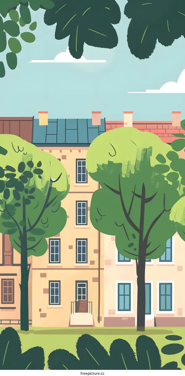 Green Trees and Houses Illustration