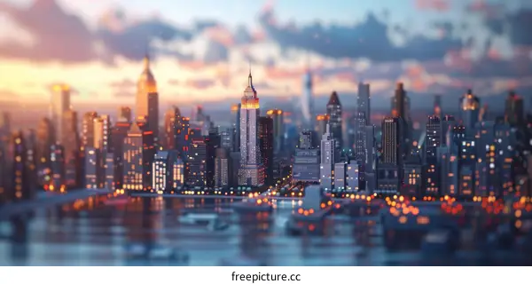 Cityscape With Illuminated Buildings At Sunset