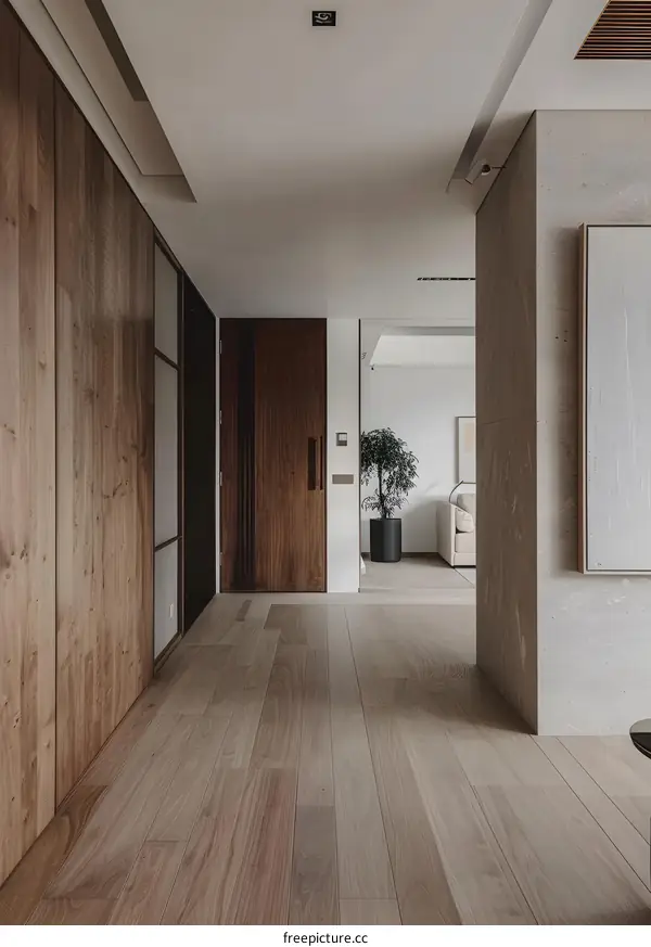 Modern Minimalist Home Interior Design With Wooden Flooring And A Plant