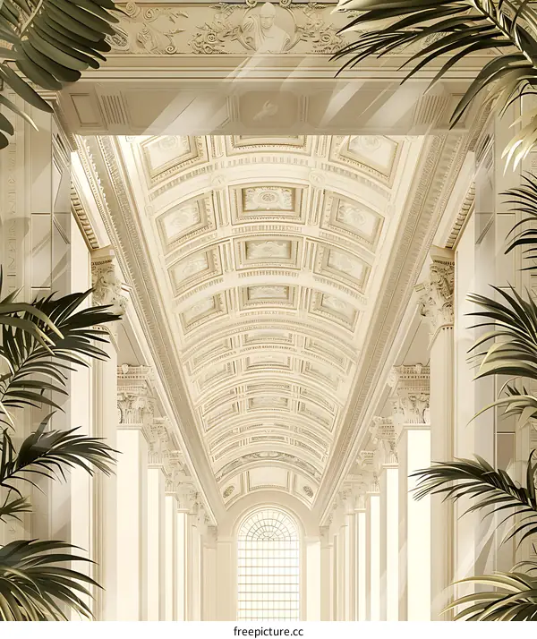 Elegant White Hallway with Arched Ceiling and Palm Leaves