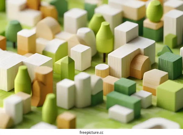 Abstract Green Cityscape with Wooden Blocks