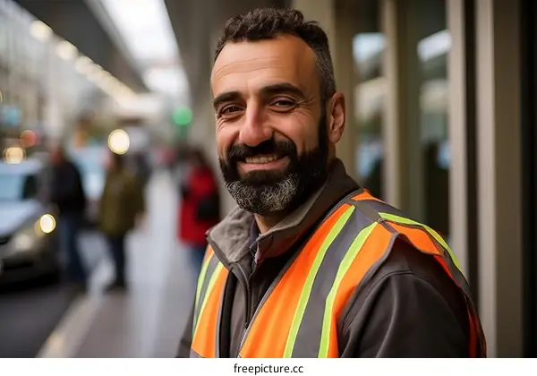 Portrait of a smiling man wearing a reflective vest