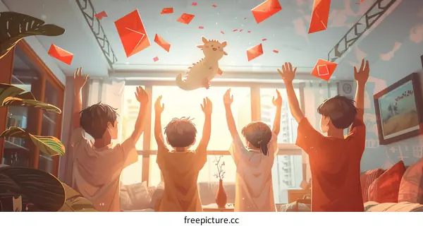 Four children in traditional Chinese clothing celebrate the Spring Festival