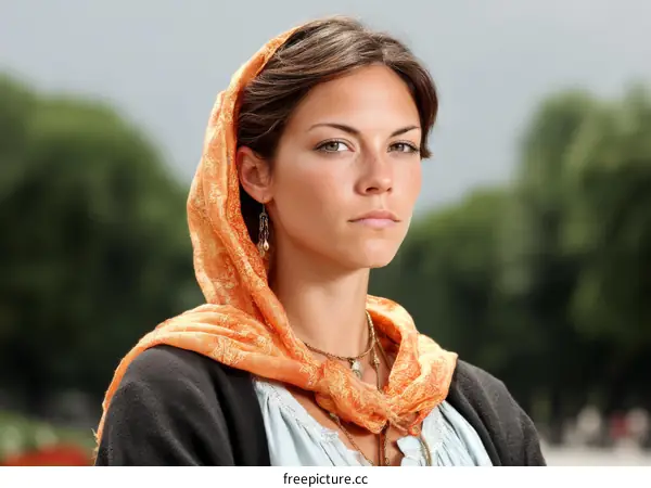Close-up Portrait of a Woman in an Orange Scarf