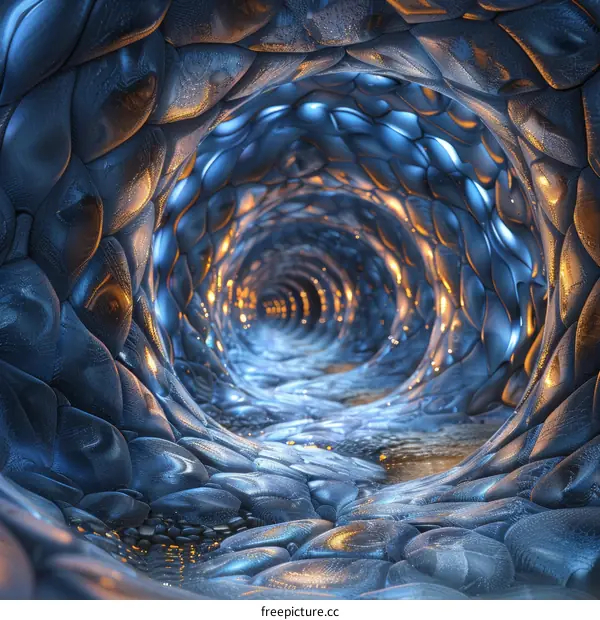 Blue and gold glowing pebbles tunnel