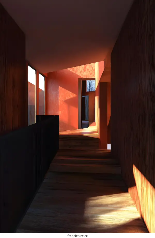 Modern Minimalist Interior Design with Wooden Walls and Orange Light