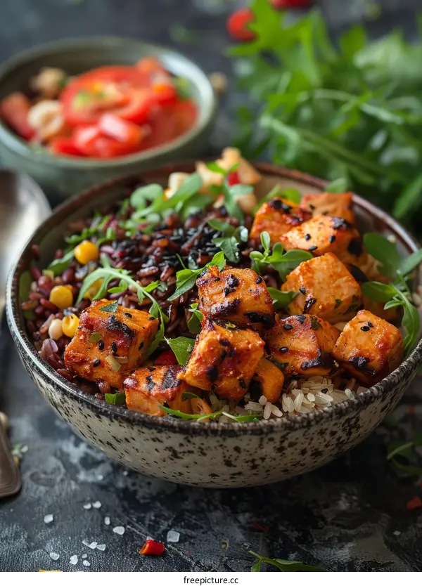 Vegan tofu rice bowl with vegetables