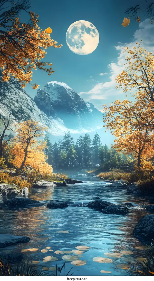 Mountain River Autumn Scene with Full Moon