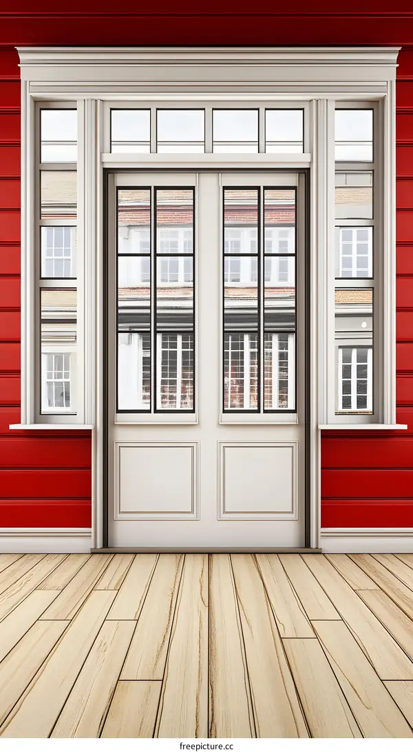White Door with Glass Panels and Red Wall