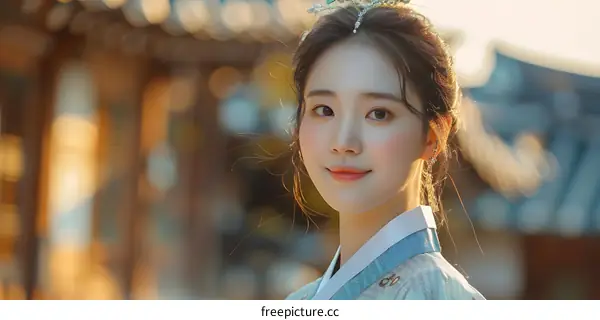 Beautiful Asian Woman in Traditional Korean Hanbok Dress