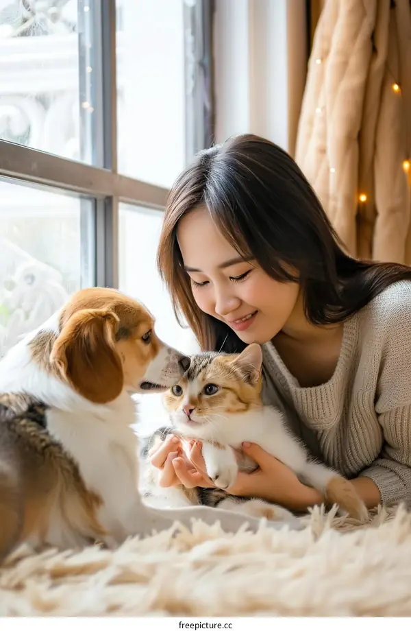 A young woman is petting a cat and a dog