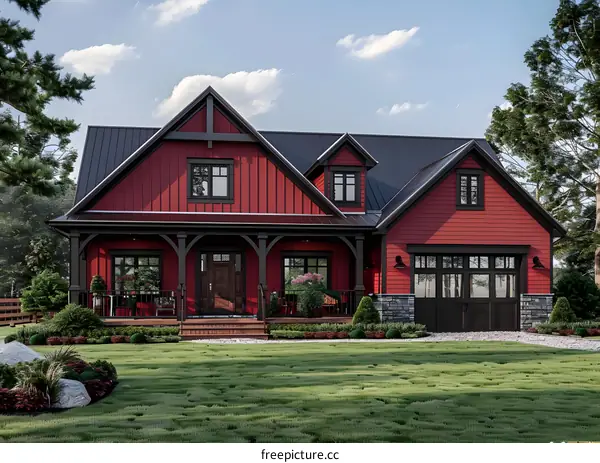 A beautiful red barn house with a black roof and a large front porch
