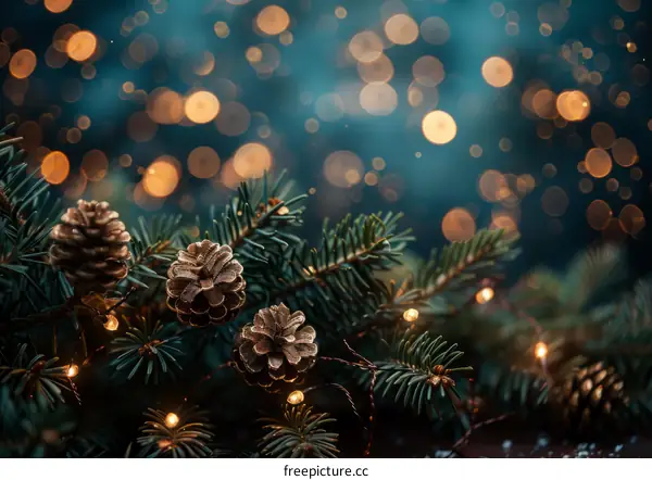 Christmas background with fir branches and pine cones