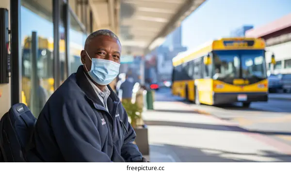 Black man wearing a mask at a bus stop