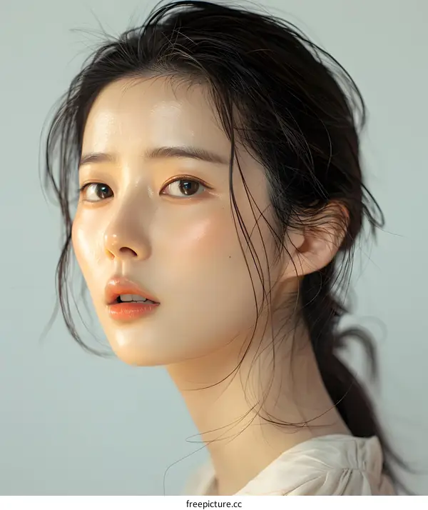 A closeup portrait of a young Asian woman with wet hair