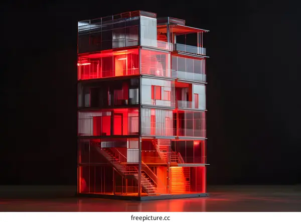 Modern Glass Building With Red Lights