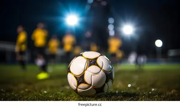 A soccer ball sits on a wet field with blurred players in the background
