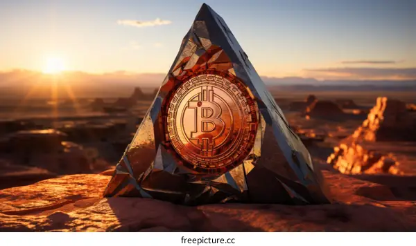 Giant Bitcoin on a Rock in the Desert Against a Sunset