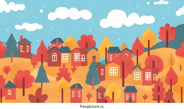 Autumn Village Illustration With Colorful Houses