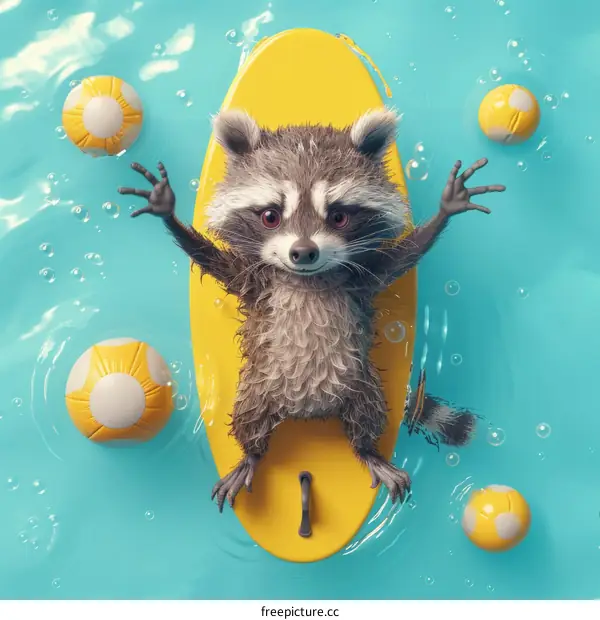 A raccoon is surfing on a surfboard in the water with beach balls floating around it
