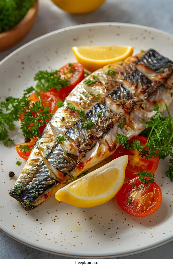 Grilled mackerel fish with lemon, tomatoes and parsley on a white plate