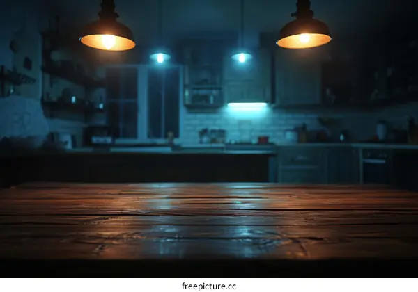 Rustic wooden table with blurred kitchen interior in the background