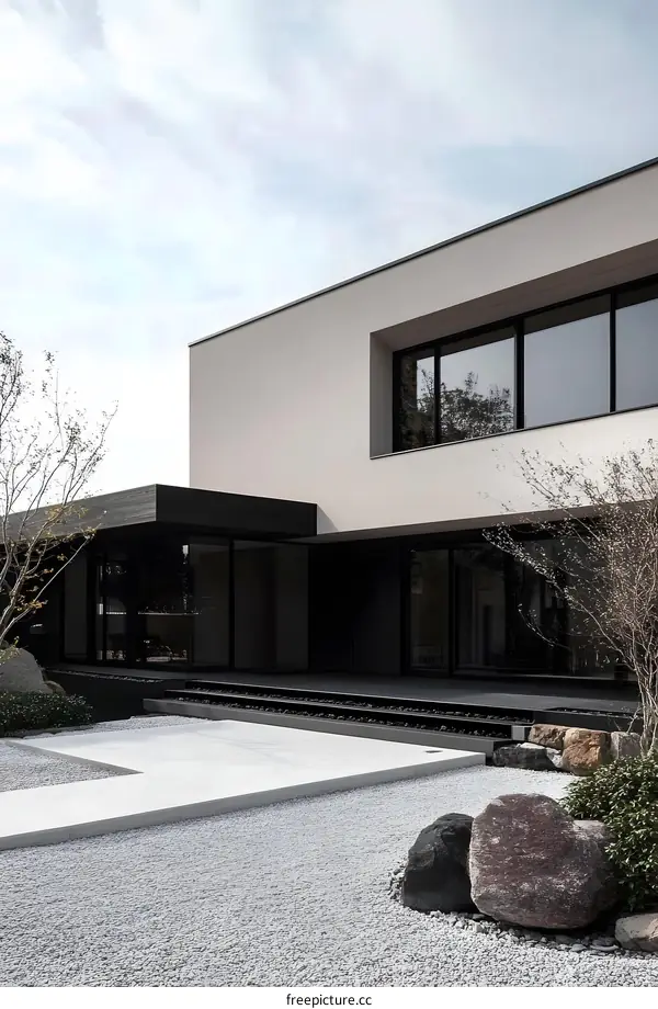 Modern Minimalist House Exterior Design with Gravel Landscaping