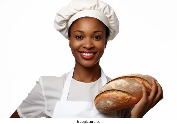 portrait of a smiling female baker holding a loaf of bread