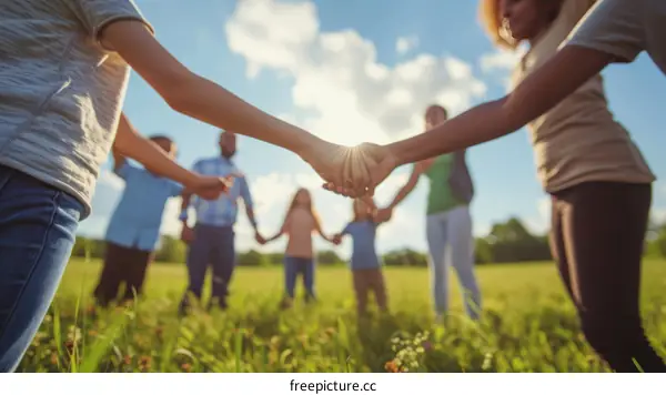 A group of people of different ethnicities holding hands in a field