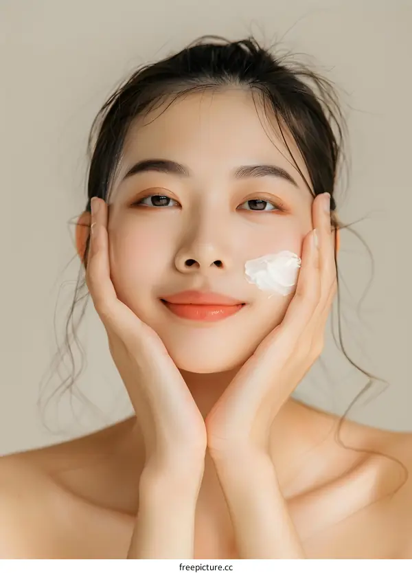 Smiling Asian Woman Applying Face Cream