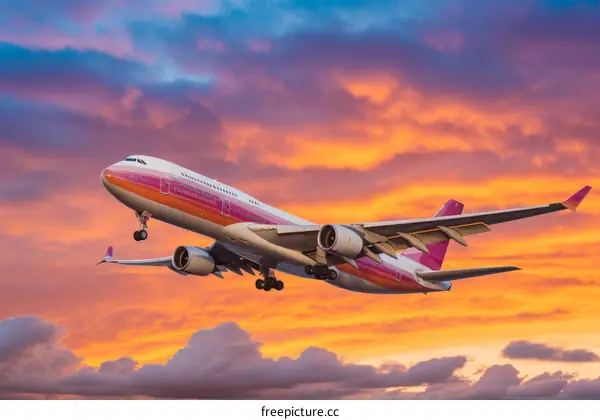 A pink airplane is flying in the sky at sunset