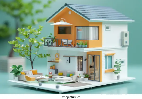 Two-Story House 3D Illustration with Balcony and Terrace