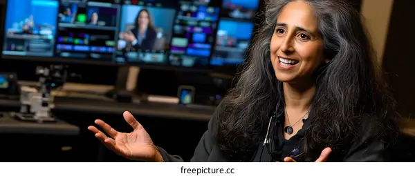 Smiling Woman Speaking in Front of a Computer Screen
