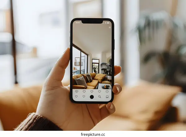 Person Holding a Smartphone Showing a Photo of a Living Room