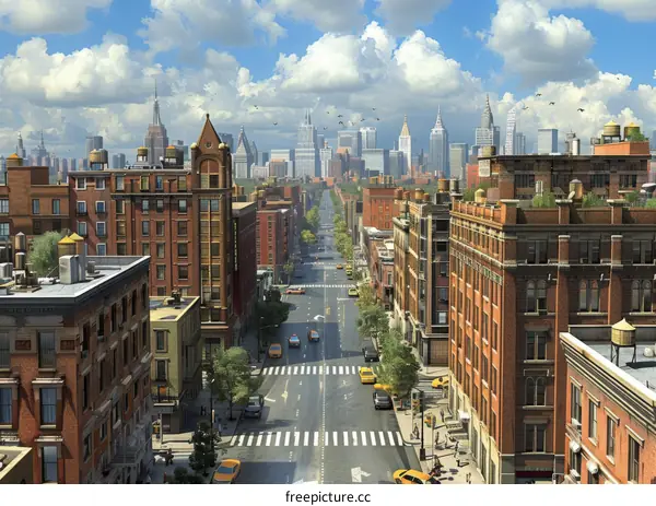 Urban Cityscape with Brick Buildings and Cars