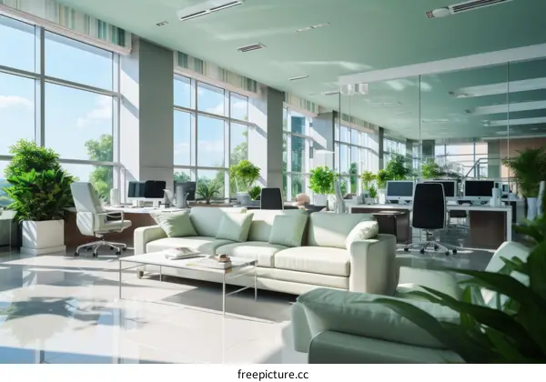 Green office interior with plants and large windows