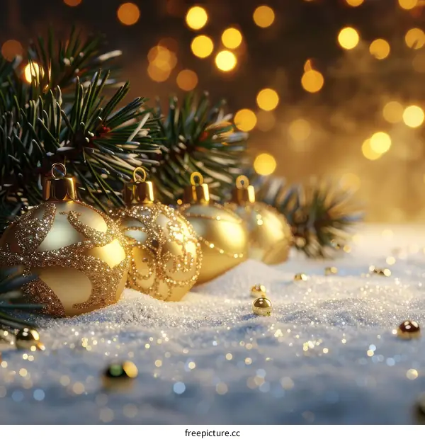 Golden Christmas Ornaments in Snow