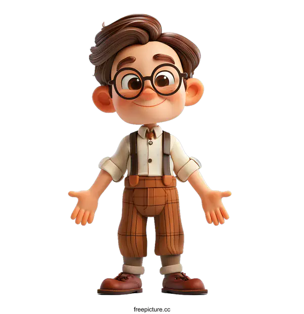 [Transparent Background PNG]Smiling Cartoon Boy with Glasses Wearing Suspenders