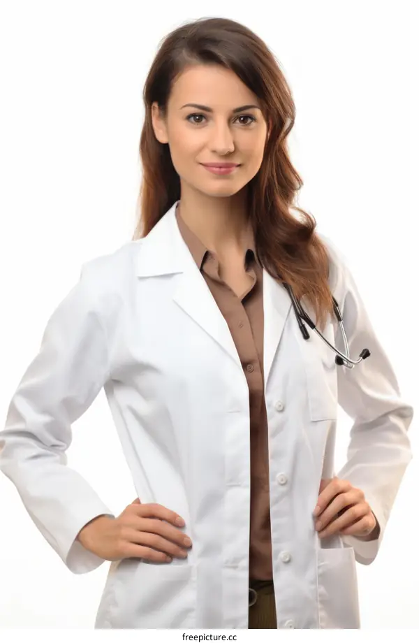 Confident female doctor with stethoscope posing with hands on hips