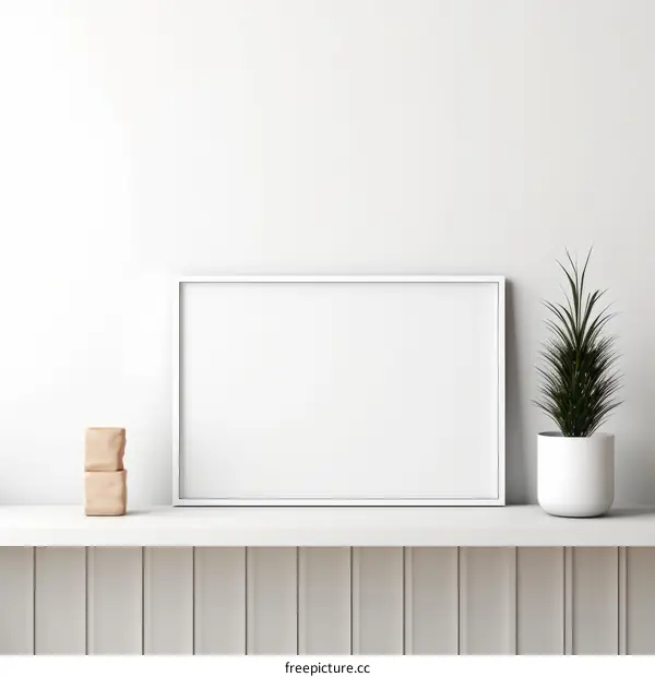 White frame mockup on the shelf with a plant and wooden blocks