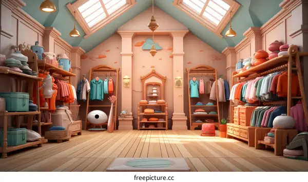 A 3D rendering of a colorful and organized clothing store