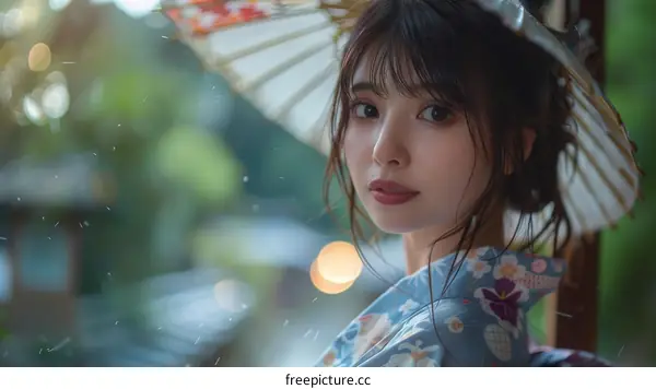 Young Japanese Woman in Traditional Kimono Holding a Paper Umbrella in the Rain