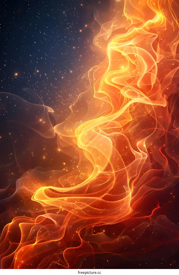Orange and yellow abstract fluid shapes with sparkles over dark blue background