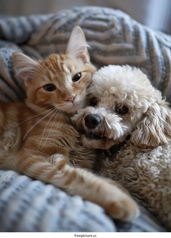 Orange cat and white dog cuddling on a blanket