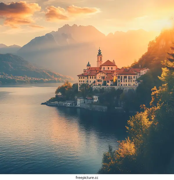 Scenic View of a Church on a Cliff Overlooking a Lake