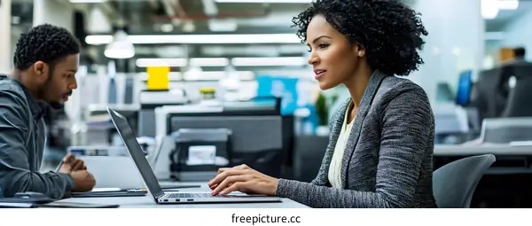 African American Woman Working On Laptop At Desk