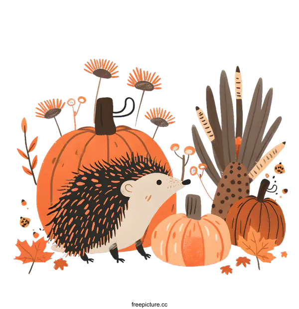[Transparent Background PNG]Cute Hedgehog with Pumpkins and Fall Foliage Illustration
