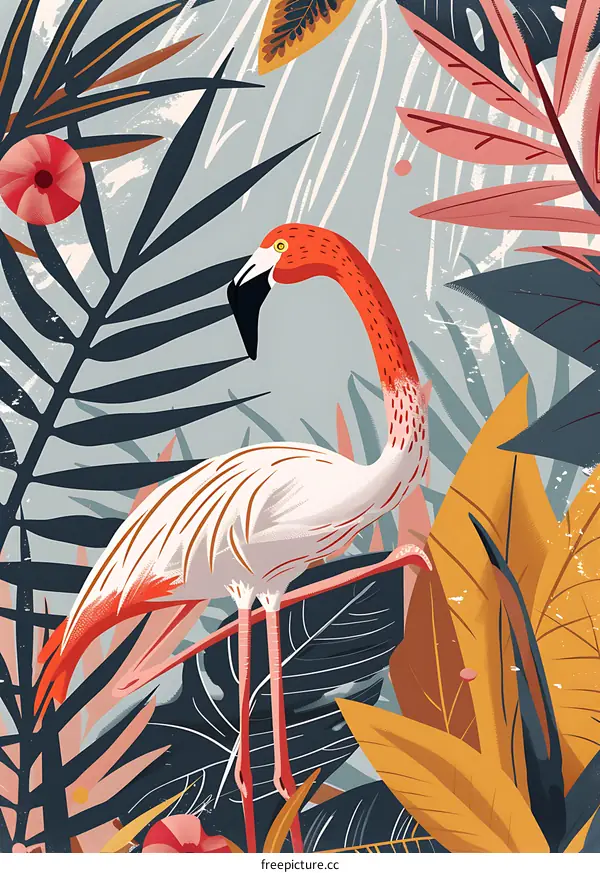 Pink Flamingo in Tropical Leaves Illustration
