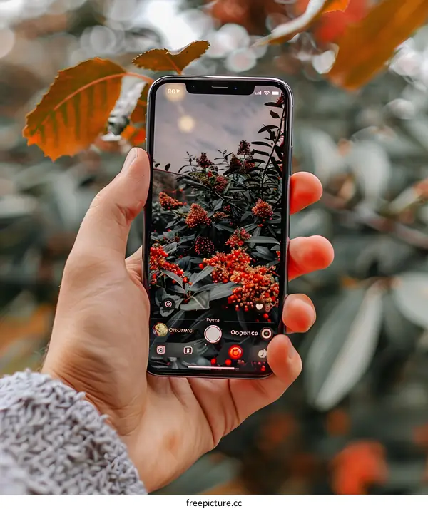 Hand holding a Smartphone Taking Photo of Red Berries